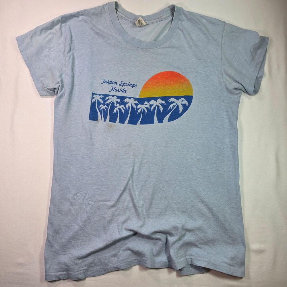 Vintage 80s Tarpon Springs Florida Shirt Mens L Blue Sunset Hanes Made USA Tee